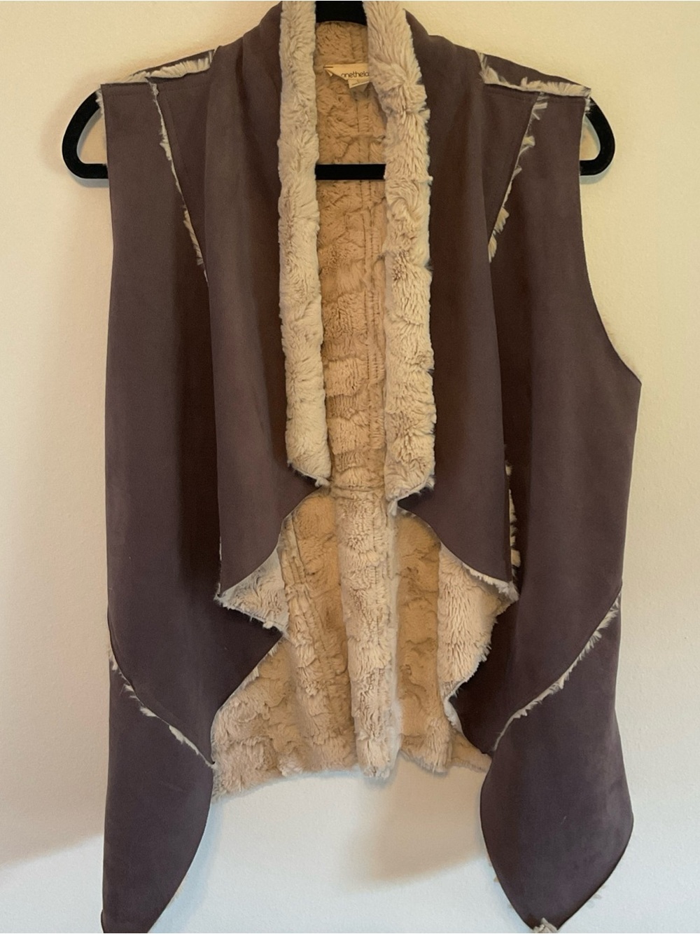 Faux Suede Plush-Lined Open Vest - Taupe/Cream size Large